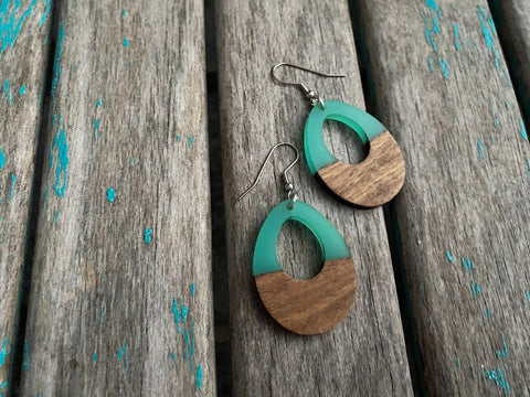 Wood and Mint Green Acrylic Earrings- Teardrop-Shaped