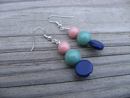 Blue, Seafoam, Coral Pink- Beaded Earrings