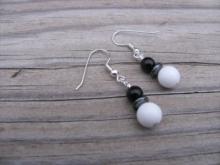 White, Black, Hematite Beaded Earrings