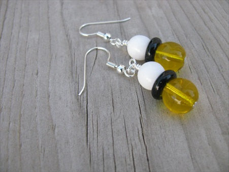 White, Black and Yellow, Glass Beaded Earrings