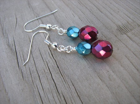 Metallic Red and Metallic Turquoise Beaded Earrings Glass