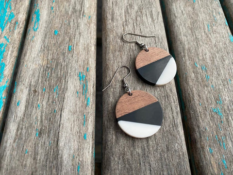 Wood, Black, and White Acrylic Earrings