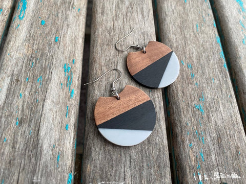 Wood, Black, and Grey Acrylic Earrings