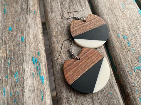 Wood, Black, and White Acrylic Earrings