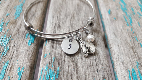 Horse Charm Bracelet- Adjustable Bangle Bracelet with an Initial Charm and an Accent Bead of your choice