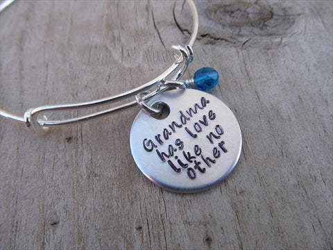 Grandma Bracelet- "Grandma has love like no other"  - Hand-Stamped Bracelet- Adjustable Bangle Bracelet with an accent bead of your choice