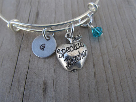 Teacher Charm Bracelet -Adjustable Bangle Bracelet with an Initial Charm and Accent Bead of your choice