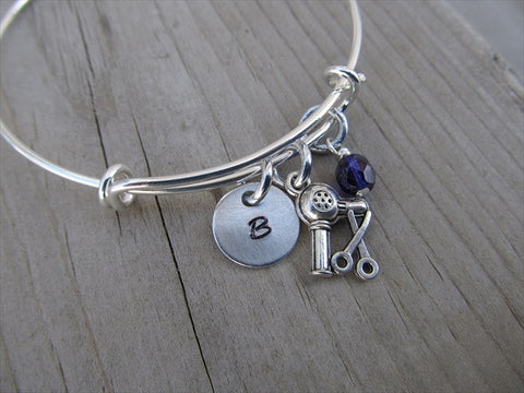 Hair Dresser Charm Bracelet-  Adjustable Bangle Bracelet with an Initial Charm and an Accent Bead in your choice of colors