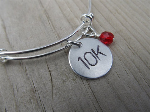 10K Marathon Bracelet- hand-stamped "10K"   - Hand-Stamped Bracelet- Adjustable Bangle Bracelet with an accent bead of your choice