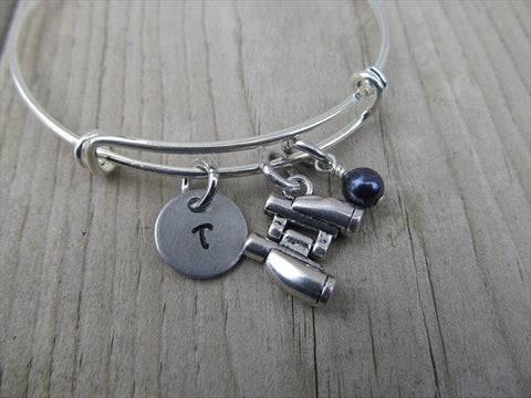 Binoculars Charm Bracelet- Adjustable Bangle Bracelet with an Initial Charm and an Accent Bead of your choice