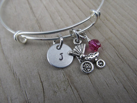 Baby Carriage Charm Bracelet- Adjustable Bangle Bracelet with an Initial Charm and an Accent Bead of your choice