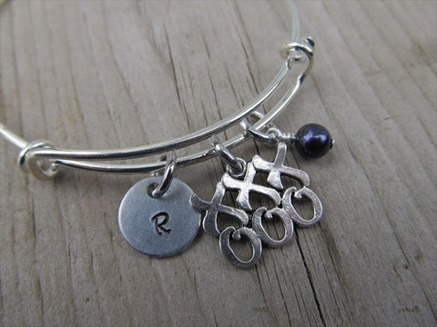 Hugs and Kisses Charm Bracelet- Adjustable Bangle Bracelet with an Initial Charm and an Accent Bead of your choice