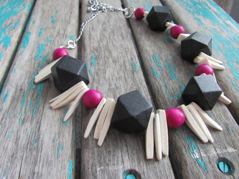 Pink Wood Necklace- Statement Necklace in Pink, Black, and Cream -READY to SHIP