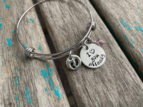 Expectant Mother Bracelet Gift- "I ♥ you already"- with baby feet charm - Hand-Stamped Bracelet with an accent bead in your choice of colors