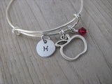 Apple Charm Bracelet -Adjustable Bangle Bracelet with an Initial Charm and an Accent Bead of your choice