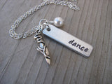 Dancer Necklace-brushed silver rectangle with "dance" and a ballet shoe charm - Hand-Stamped Necklace  -with an accent bead of your choice