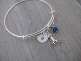 Exercise/Barbell Charm Bracelet- Adjustable Bangle Bracelet with Initial Charm and An Accent Bead of your choice