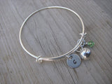 Basketball Charm Bracelet -Adjustable Bangle Bracelet with an Initial Charm and an Accent Bead of your choice