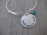 Best Cousin Ever Bracelet- "best cousin ever" - Hand-Stamped Bracelet- Adjustable Bangle Bracelet with an accent bead of your choice