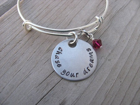 Chase Your Dreams Inspiration Bracelet- "chase your dreams" - Hand-Stamped Bracelet- Adjustable Bangle Bracelet with an accent bead of your choice