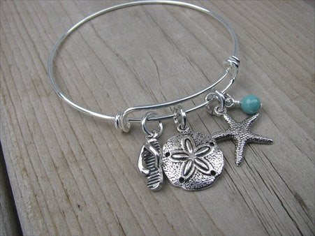 Beach Bracelet- Flip Flop Charm, Sand Dollar Charm, Starfish Charm- Charm Bracelet