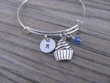 Cupcake Charm Bracelet -Adjustable Bangle Bracelet with an Initial Charm and an Accent Bead of your choice