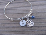 Cupcake Charm Bracelet -Adjustable Bangle Bracelet with an Initial Charm and an Accent Bead of your choice