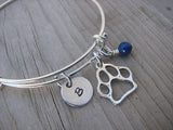 Dog Paw Charm Bracelet -Adjustable Bangle Bracelet with an Initial Charm and an Accent Bead of your choice