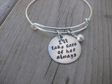 Bracelet Set- Mother in Law Gifts- "Thank you for raising the man of my dreams" and "I'll take care of her always"  - Hand-Stamped Bracelets- Adjustable Bangle Bracelets with an accent bead of your choice