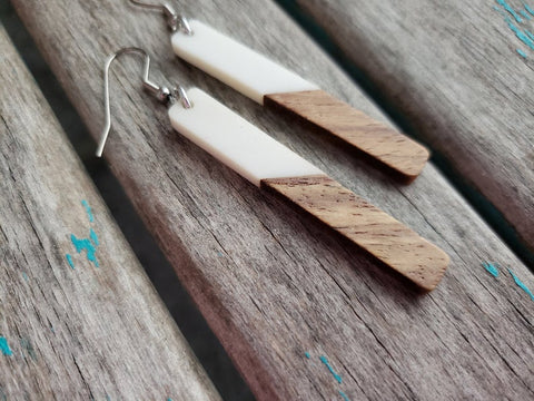 Long Wood and White Acrylic Earrings