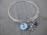 Flower Charm Bracelet -Adjustable Bangle Bracelet with an Initial Charm and Accent Bead in your choice of colors