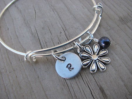 Flower Charm Bracelet -Adjustable Bangle Bracelet with an Initial Charm and Accent Bead in your choice of colors