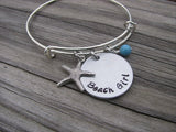 Beach Girl Bracelet with Starfish Charm - Hand-Stamped Bracelet  -Adjustable Bangle Bracelet with an accent bead of your choice