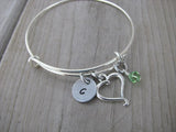 Heart Charm Bracelet- Adjustable Bangle Bracelet with an Initial Charm and an Accent Bead in your choice of colors