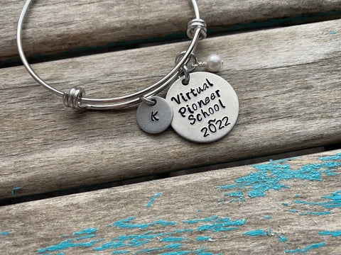 Pioneer School Bracelet- "Virtual Pioneer School 2022" with an initial charm and with an accent bead of your choice