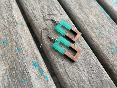 Wood and Mint Green Rectangle Acrylic Earrings