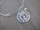 Baby Loss/Miscarriage Bracelet- Hand-stamped bracelet, "Forever in my heart" with stamped baby footprints   - Hand-Stamped Bracelet  -Adjustable Bangle Bracelet with an accent bead of your choice