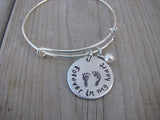 Baby Loss/Miscarriage Bracelet- Hand-stamped bracelet, "Forever in my heart" with stamped baby footprints   - Hand-Stamped Bracelet  -Adjustable Bangle Bracelet with an accent bead of your choice