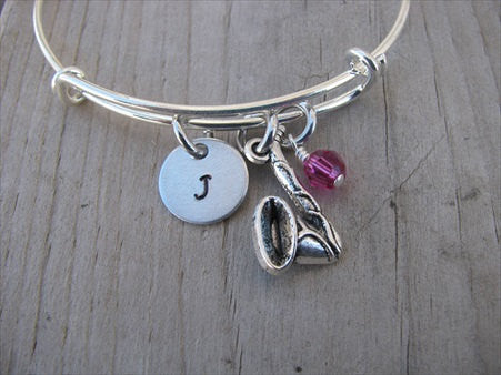 Saxophone Charm Bracelet- Adjustable Bangle Bracelet with an Initial Charm and an Accent Bead of your choice