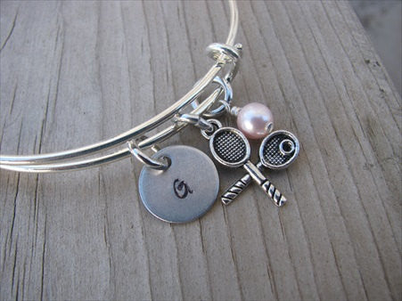 Tennis Charm Bracelet- Adjustable Bangle Bracelet with an Initial Charm and an Accent bead of your choice