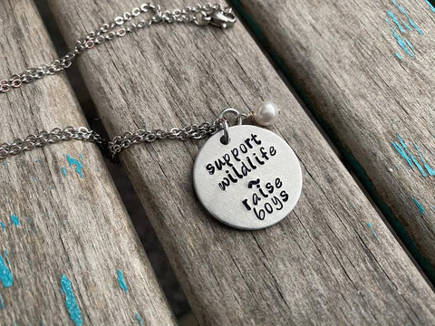 Mom of Boys Necklace- Hand-Stamped Necklace - "support wildlife ~ raise boys"  with an accent bead in your choice of colors