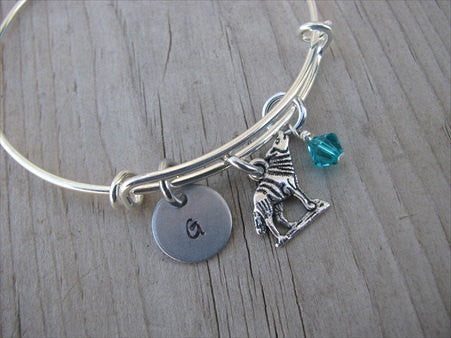 Wolf Charm Bangle Bracelet Adjustable Bangle Bracelet with Hand Stamped Initial and accent bead Jenn s Handmade Jewelry