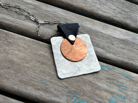 Leather and Mixed Metal Statement Necklace: Navy, Silver, and Copper