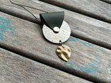 Leather and Mixed Metal Statement Necklace: Silver, Sage Green, and Antique Gold Pendant