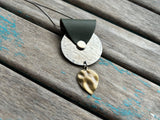 Leather and Mixed Metal Statement Necklace: Silver, Sage Green, and Antique Gold Pendant