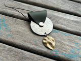 Leather and Mixed Metal Statement Necklace: Silver, Sage Green, and Antique Gold Pendant