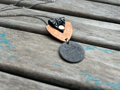 Leather and Mixed Metal Statement Necklace: Black and Copper