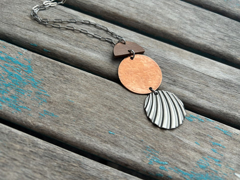 Wood, Copper & Silver Statement Necklace: Unique Pendant Jewelry