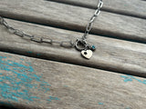 Stainless Steel Paperclip Chain Necklace - Heart with Turquoise Charm Toggle Clasp Pendant- T Bar Necklace