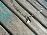 Stainless Steel Paperclip Chain Necklace - Heart with Turquoise Charm Toggle Clasp Pendant- T Bar Necklace